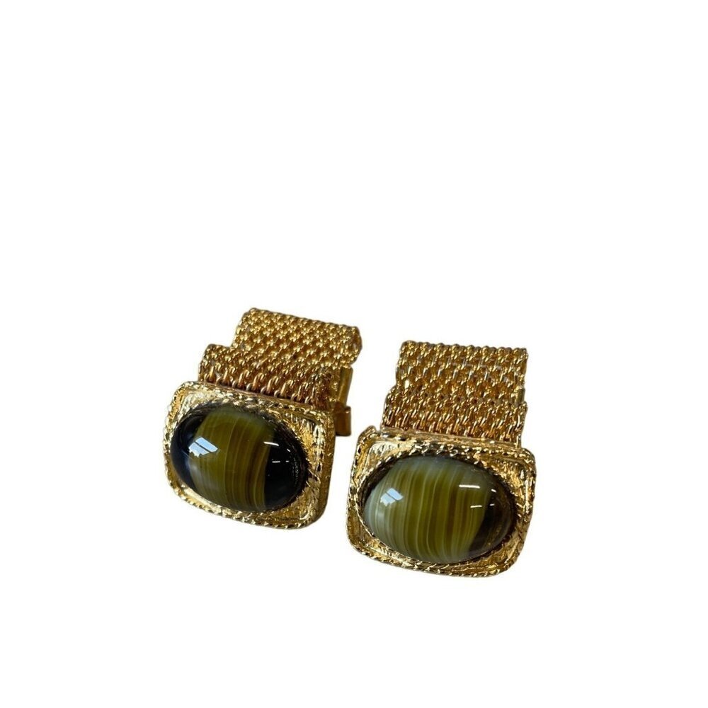Vtg Gold Tone Fancy Frame Brown Green Swirl Art Glass Stone Mesh Wrap Cufflinks